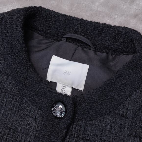H&M Black Textured Weave Wool Blend Tweed Lined Collarless Jacket Womens Size L - Picture 12 of 16